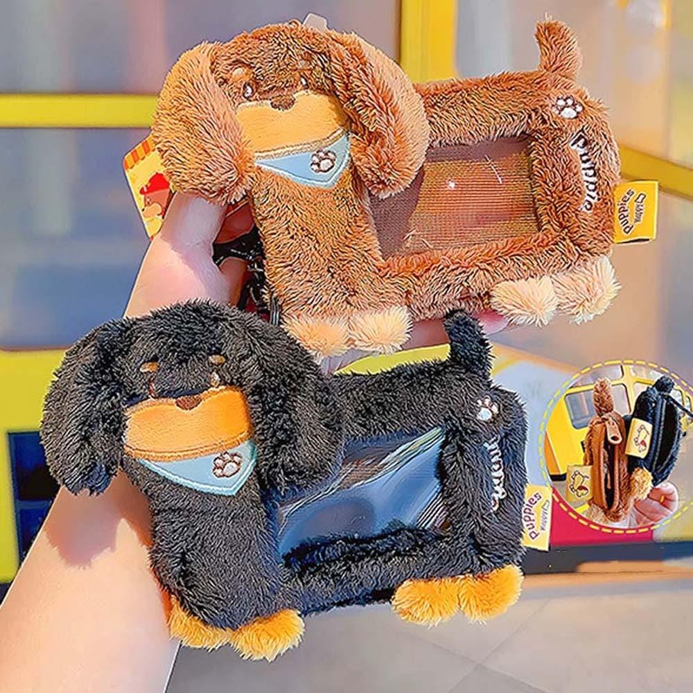 Riverstone Dachshunds Card Cover, PP Cotton Dust Sausage Dog Card Holder, Cute Doll Bell PVC Plush Photo Protective Case Girl