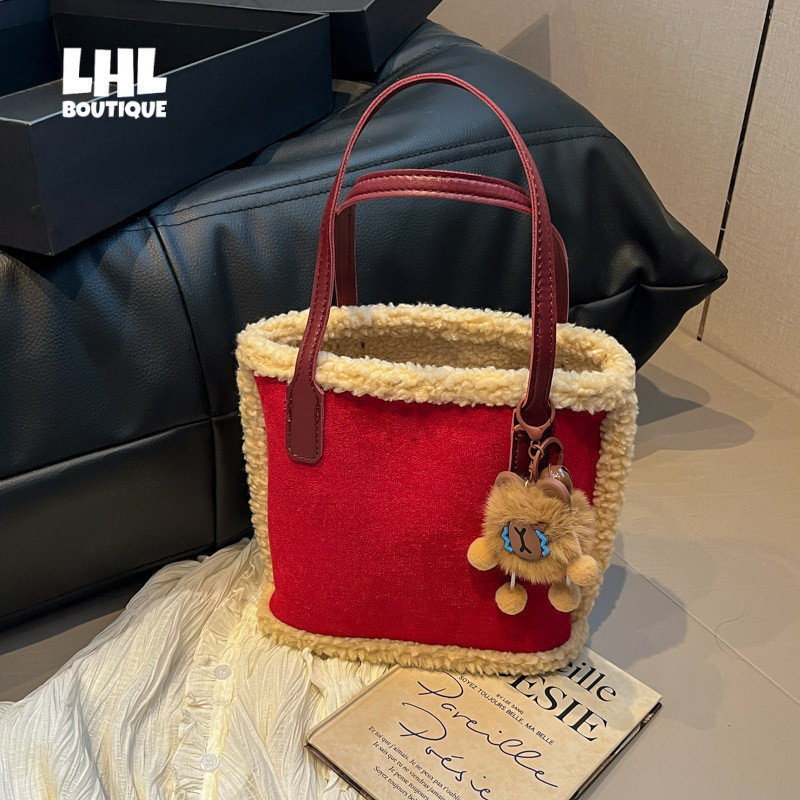 LHL BOUTIQUE ขนแกะแกะมือถือใหม่ย้อนยุคถังชั้นพร็อพกระเป๋าตะกร้าผักกระเป๋า