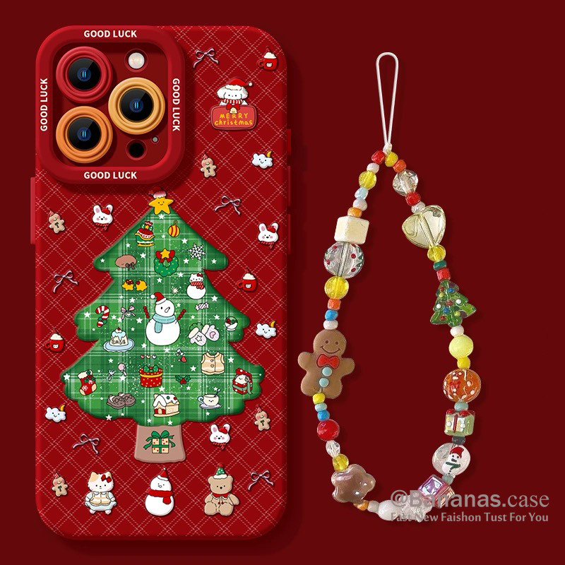 Iphone 16 15 14 13 12 11 Pro Max X Xr Xs Max 7 8 Plus SE2020 เคสโทรศัพท์น่ารักการ์ตูนต้นคริสต์มาส + Lanyard Soft Black Cover