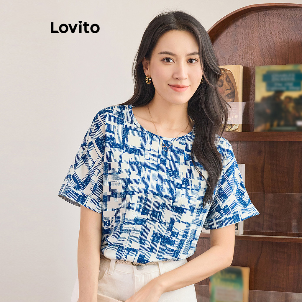 Lovito เสื้อเบลาส์ผู้หญิง ลายเรขาคณิต สไตล์ลำลอง L91ED058