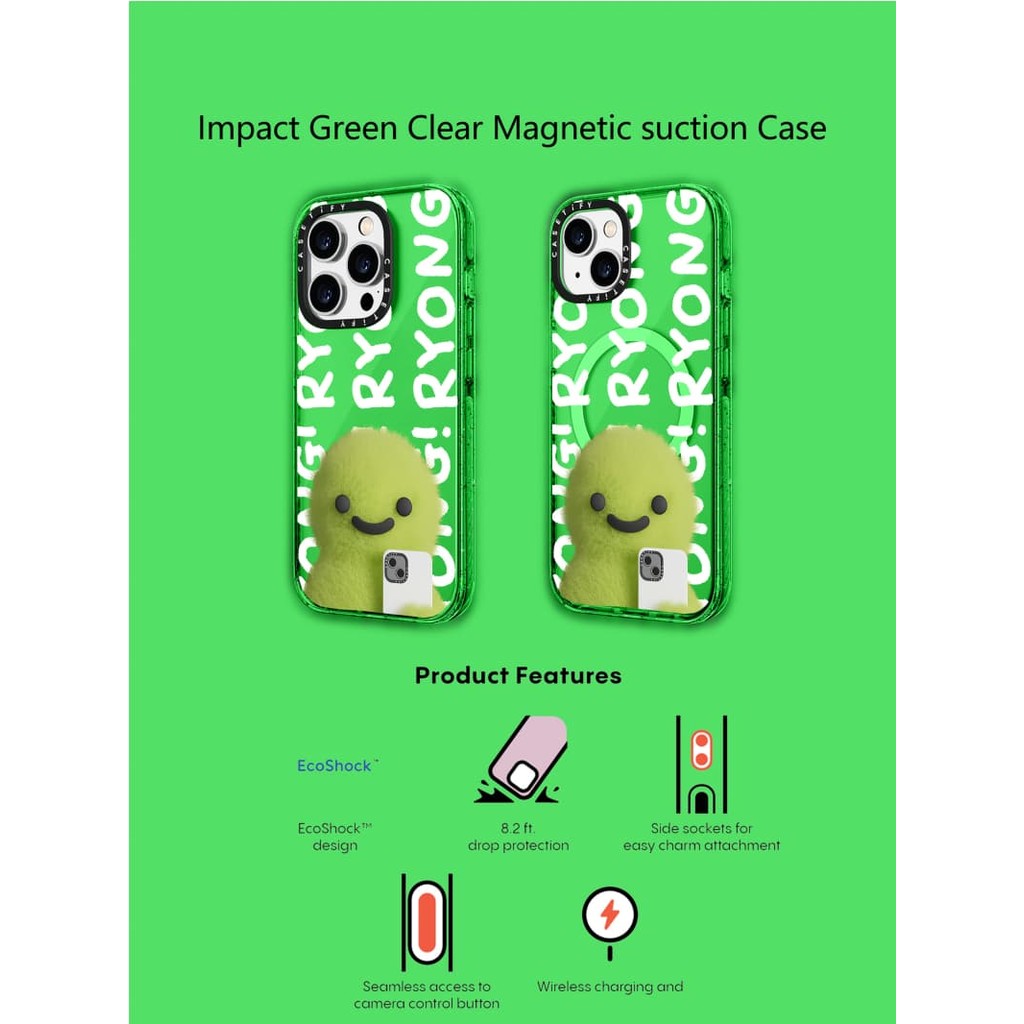 Casetify X Mang ไดโนเสาร์และโทรศัพท์สีเขียวแม่เหล็กดูด Hard อะคริลิคด้านหลังสําหรับ Apple IPhone 12 13 14 15 16 Pro Max Plus พร้อมกล่อง