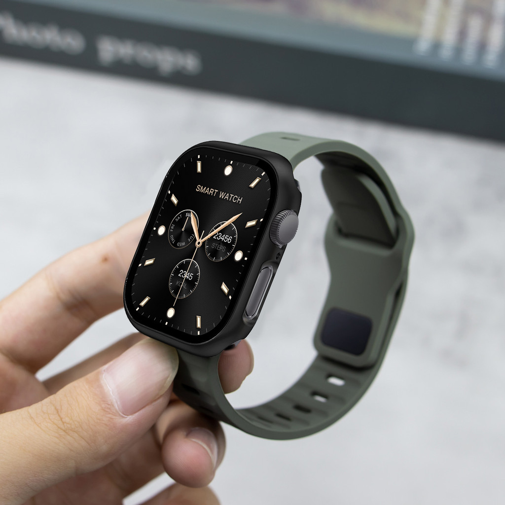 สายซิลิโคน + PC คลุมทั้งหมดสําหรับ Apple Watch 10 46 มม./42 มม.Ultra 49 มม.45 มม.44 มม.41 มม.40 มม.42 มม.38 มม.Iwatch Series10 9 8 7 6 5 4 SE 2 3