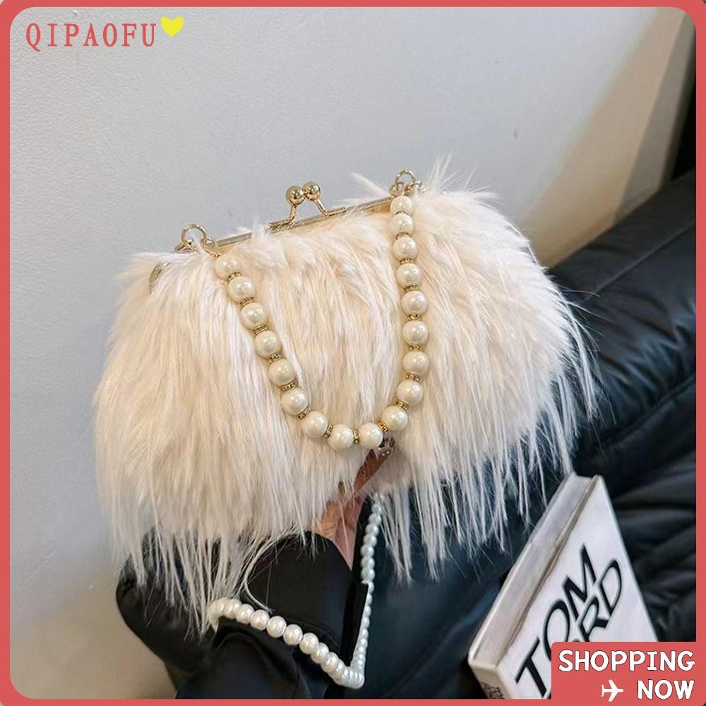 Qipaofu กระเป๋าสะพายตุ๊กตา,พู่ยาว Pearl Chain Tote กระเป๋าถือ,แฟชั่น Faux Furry ความจุขนาดใหญ่ Commuting กระเป๋าสําหรับหญิง