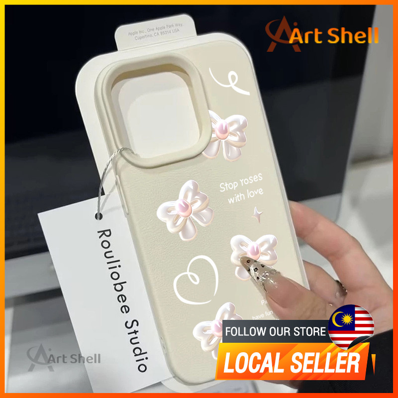 เข้ากันได้กับเคสโทรศัพท์ iphone 16 Pro Max สีขาวเพรียวบางโบว์ 12 13 14 15 11 Pro Max ปลอก xr xs Max 