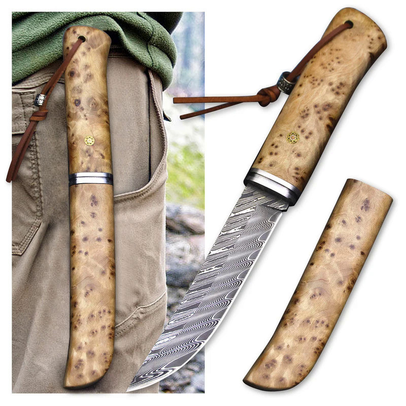 Swedish Damascus Steel hunting straight knife, Hidden wood outdoor survival hunting knife, EDC tool 