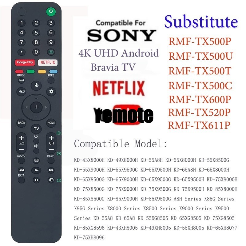 RMF-TX500P เปลี่ยนรีโมทคอนโทรลสําหรับ Sony TV (พร้อมฟังก์ชั่นเสียงไม่มี) KD-65X750H XBR-49X950H XBR-