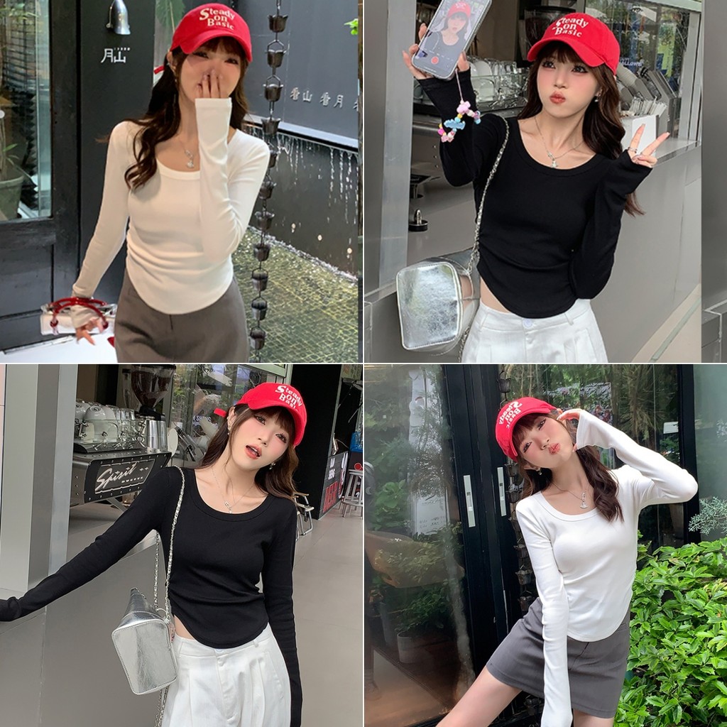 cherryshop🍒พร้อมส่ง เสื้อยืดแขนยาวผู้หญิง เสื้อยืดเข้ารูป คอกลมแขนยาว เรียบง่ายสบาย ๆ ดีไซน์จีบด้านข้าง