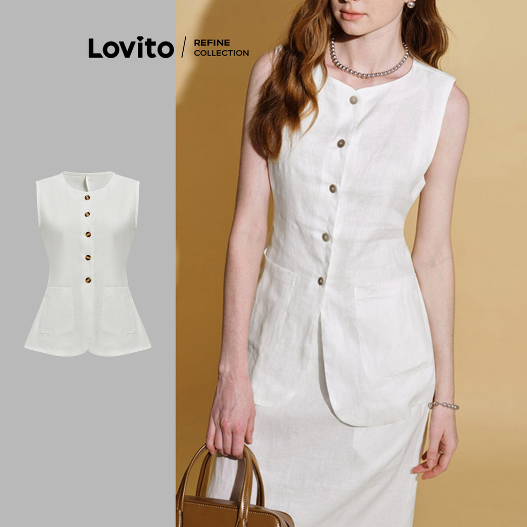(Lovito Refine) เสื้อกล้ามกระดุมเรียบแบบลำลองสำหรับผู้หญิง L108ED384