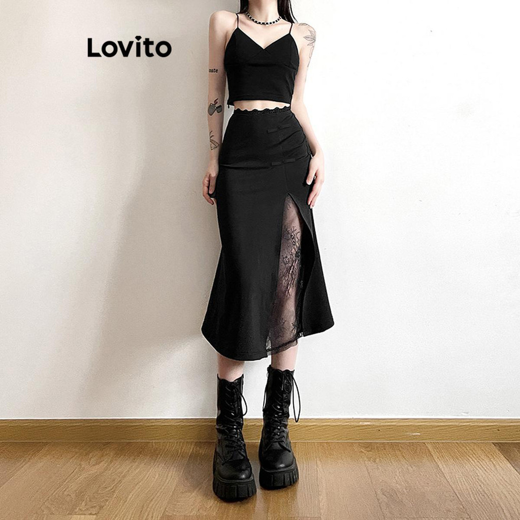Lovito กระโปรงลูกไม้ด้านหน้าแยกเซ็กซี่ธรรมดาสำหรับผู้หญิง LNE75513