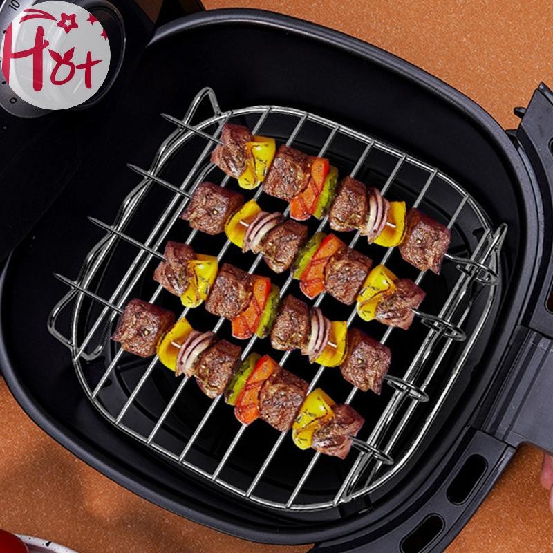 Ge Air อุปกรณ์หม้อทอดไฟฟ้าสแตนเลสชั้นวางย่างสองชั้นพร้อม 4 เลือกเนื้อย่าง Steam Rack Air Fryer Rack Square