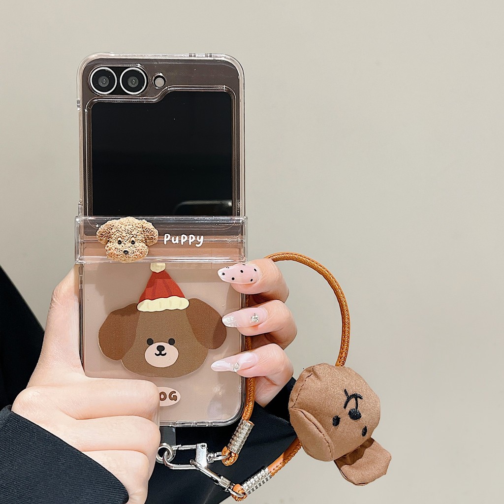 Flip7 Flip6 Samsung Galaxy Z Flip5 กรณีน่ารักการ์ตูนสีน้ําตาลลูกสุนัขสุนัขพร้อมโซ่กรณี Samsung Galaxy Z Flip 3 Flip 4 5G hard กันกระแทกโทรศัพท์ความคิดสร้างสรรค์กรณีฝาครอบ