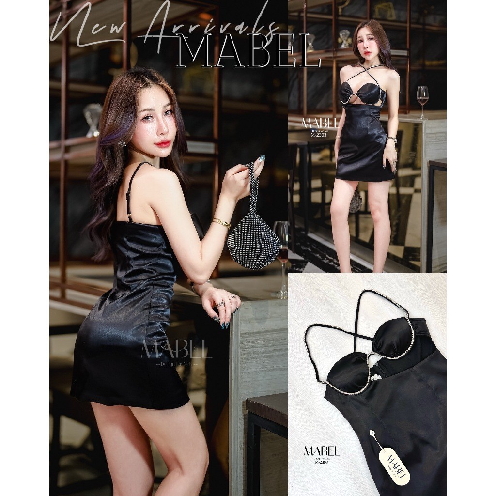 (xs-xl) (พร้อมส่ง) Nabi&Mabel25 MINIDRESS สายเดี่ยวแต่งด้วยเพชร สายปรับได้ ทรงเว้าเอว Sexy เดรสทรงเข
