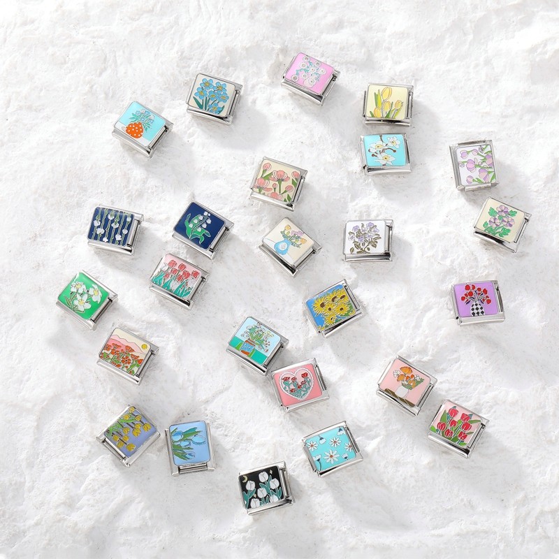 ใหม่แฟชั่นดอกไม้ Charm อิตาเลี่ยน Links Fit 9 มม.สร้อยข้อมือเครื่องประดับสแตนเลส DIY ทํา