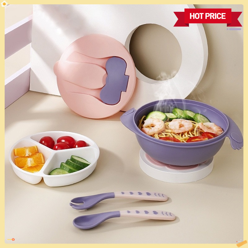 ชุดชามเด็กปลอดสาร BPA พร้อมช้อนส้อมบนโต๊ะอาหารสําหรับเด็ก กล่องอาหารกลางวันคอนเทนเนอร์ Bayi Mangkuk