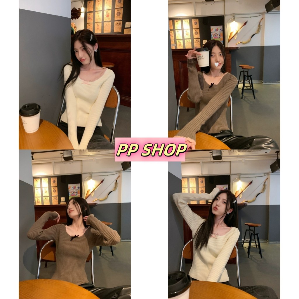 PP Shop​ ​พร้อมส่ง ผ้าถักเสื้อกันหนาวแขนยาว คอกลม กันหนาว สไตล์ลำลองเสื้อผ้าแฟชั่นผู้หญิง เข้ารูป ผูกโบว์ น่ารักๆ#X-D92