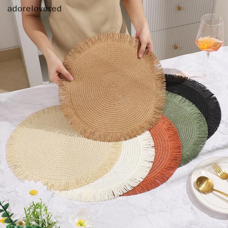 Adorelovered รอบถัก Placemats Fringe กระดาษตาราง Hand ทอลื่นฉนวนกันความร้อน Place Mats ถ้วยชา Pad โต๊ะรับประทานอาหารตกแต่ง gafds