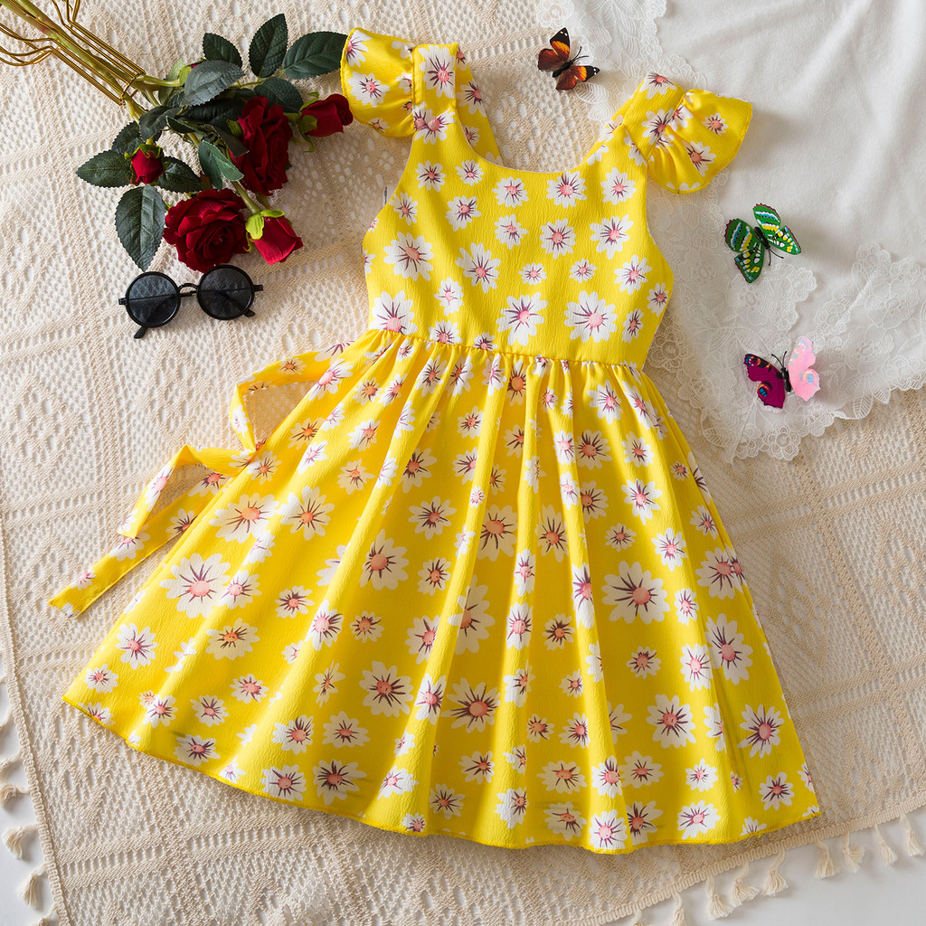 Nnjxd ชุดเดรสฤดูร้อนลายดอกไม้สําหรับเด็กผู้หญิงที่รักวันเกิดนัวเนียผูกกลับชุดสายสาวน้อยชุดเดรสชายหาดทุกวันหลากสี