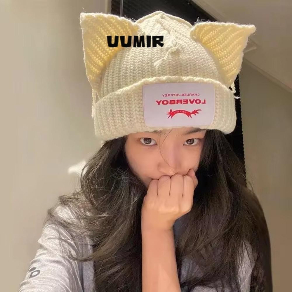 Uumir Loverboy หมวกถักคลุมผ้าหูแมวและหูหมูอบอุ่นสองชั้น ดีไซน์ฮิปฮอป บุคลิกภาพเฉพาะสําหรับฤดูใบไม้ร่วงและฤดูหนาว