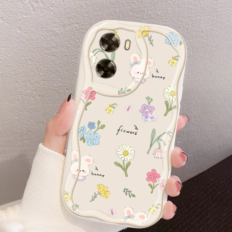 ปลอกสําหรับoppo A57 A77 2022 4G 5G A57E A57S A77S 4G Realme V23 Q5i Narzo 50 5Gน่ารักการ์ตูนดอกไม้และกระต่ายป้องกันการตกซิลิโคนใสเคสโทรศัพท์แบบนุ่ม
