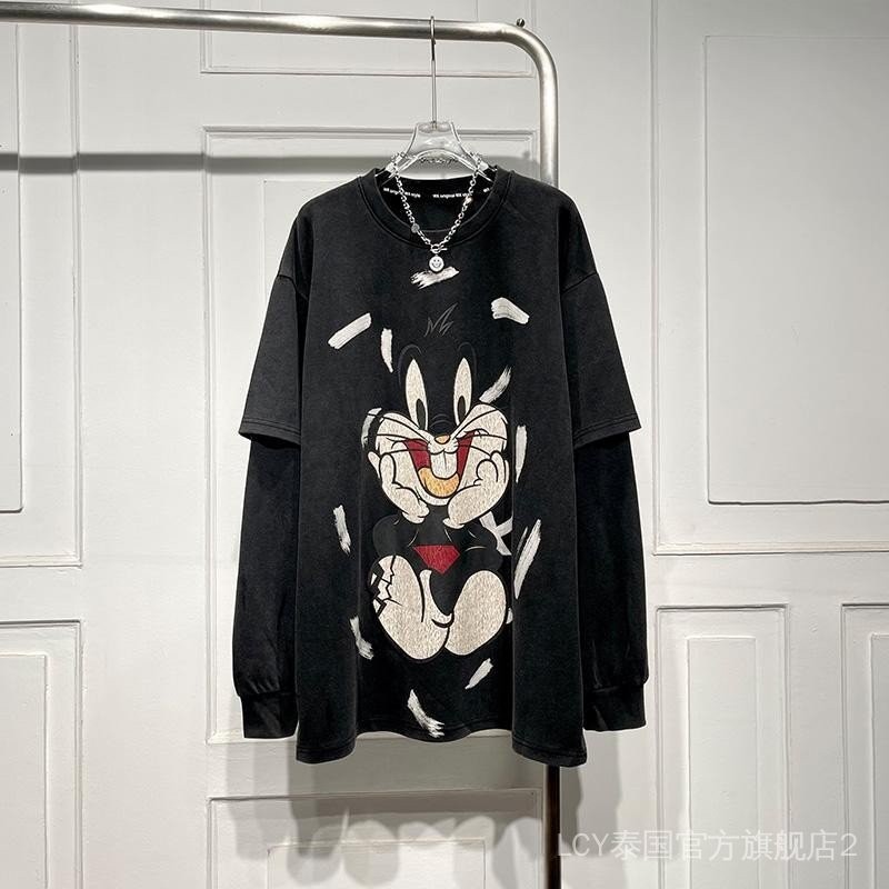 เสื้อยืดวิทยาลัยแขนยาวไซส์ใหญ่เสื้อทรงหลวมใส่แล้วดูผอมเสื้อผ้าผู้หญิงไซส์ใหญ่เสื้อคู่ปลอมสองชิ้นไซส์
