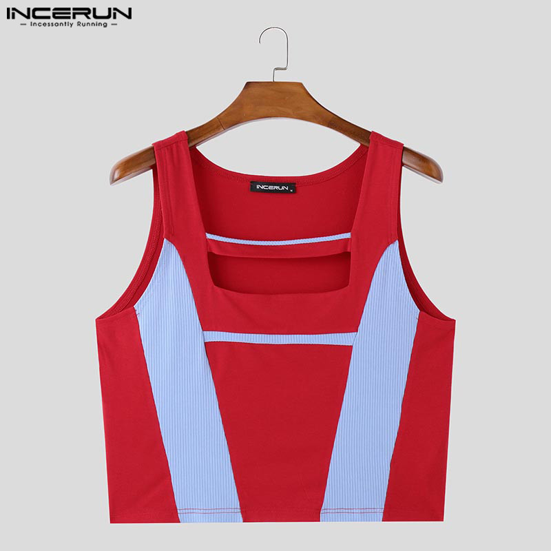 ไม่แน่นอน ผู้ชายวินเทจแฟชั่นกลวงเย็บปะติดปะต่อกันเสื้อกล้ามแขนกุด