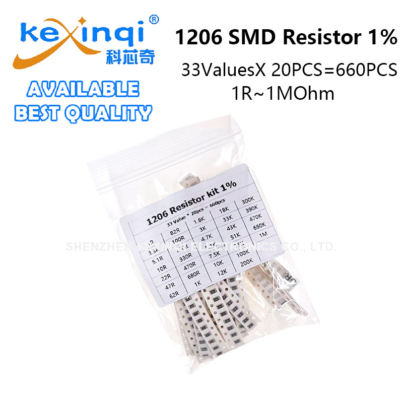 660PCS 1206 SMD Resistor Assorted Kit 33ValysX 20PCS 1ROhm~1M 1% 100 47 33 22 10 680KR Ohm
