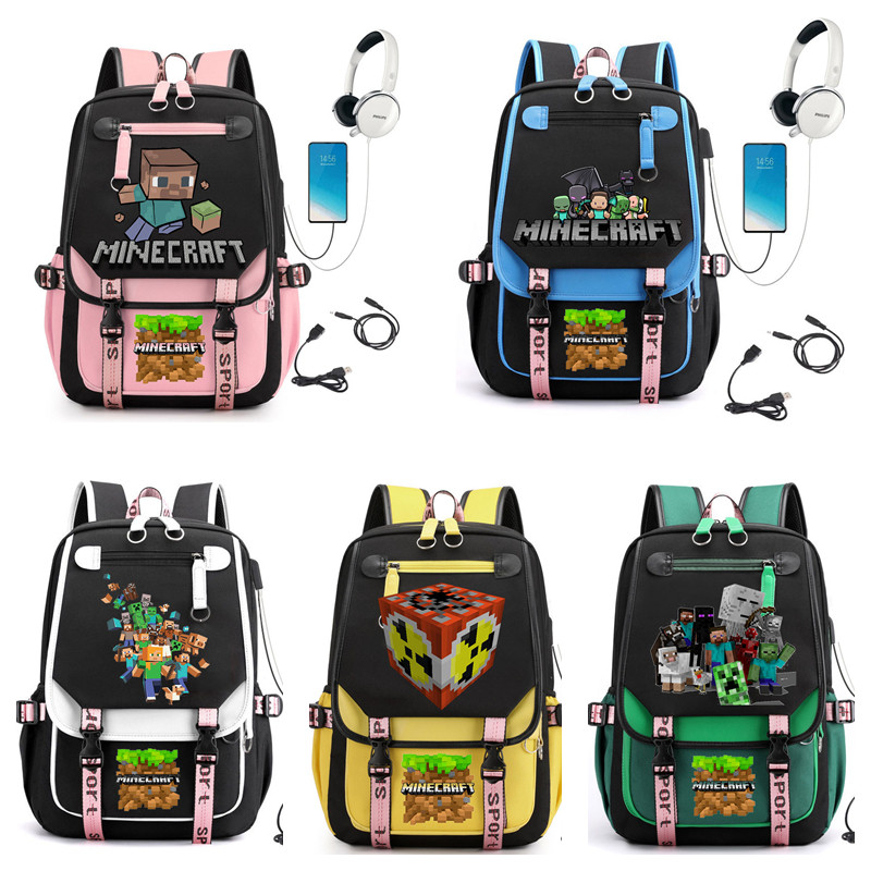 Anime Minecraft Backpack Student School Bag Laptop Bagpack Travel Bag (อินเทอร์เฟซ USB และหูฟัง)