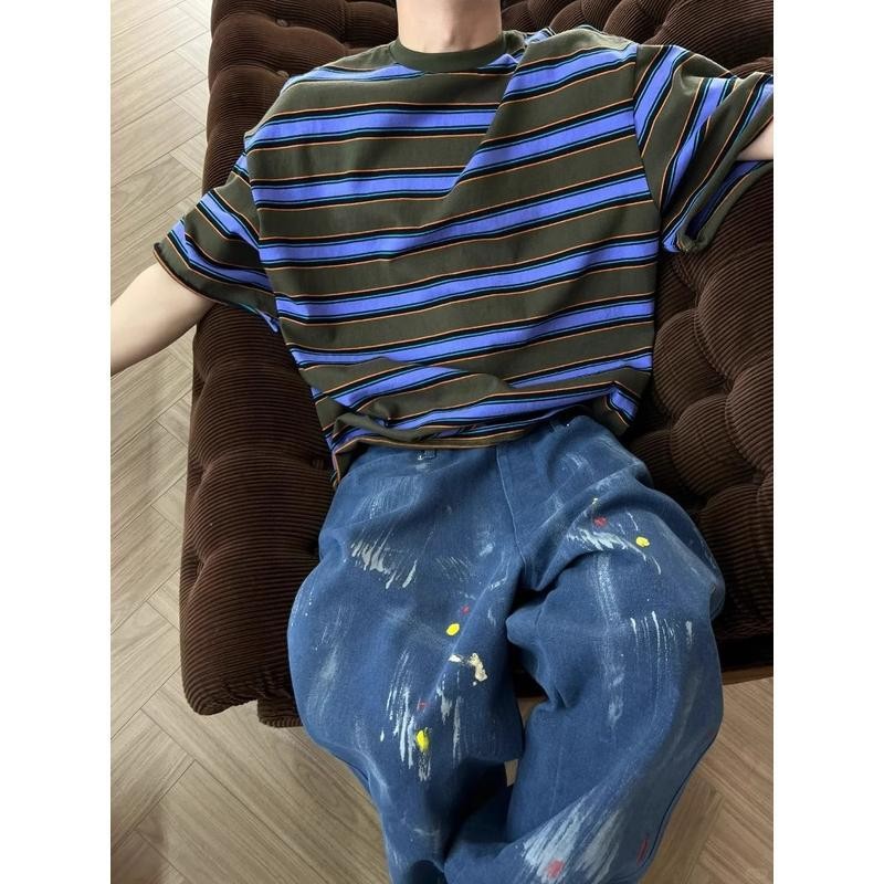 SUIKONE ซุยโคเนะ เสื้อยืดแขนสั้นลายทางสีตัดกันย้อนยุคอเมริกันฤดูร้อนผู้ชายและผู้หญิงเสื้อยืดคอปกเล็ก