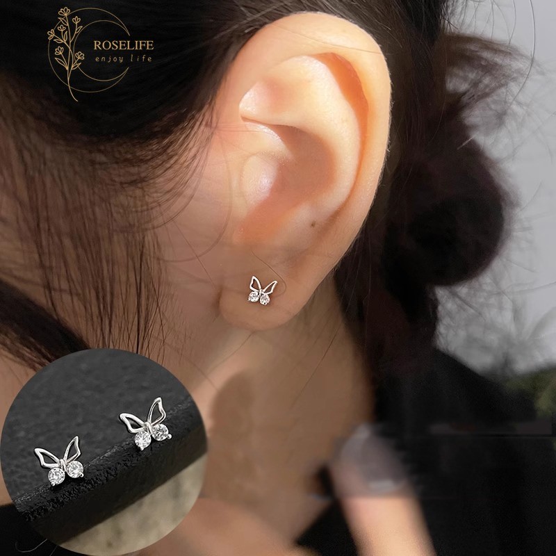 Roselife ที่ละเอียดอ่อน 1 คู่ S925 เงิน Hollow Zircon ต่างหูผีเสื้อสําหรับผู้หญิงหญิงสวมใส่ทุกวันเครื่องประดับหู