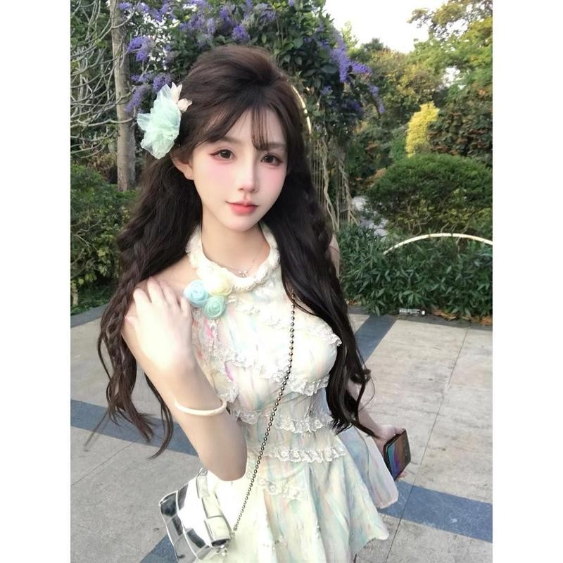 Xyzkuli Sijali สีเขียวฤดูร้อนเอวแคบ Slimmer ดูความปรารถนาบริสุทธิ์สไตล์การออกแบบหวานลูกไม้เย็บชุดเชือกแขวนคอสั้น