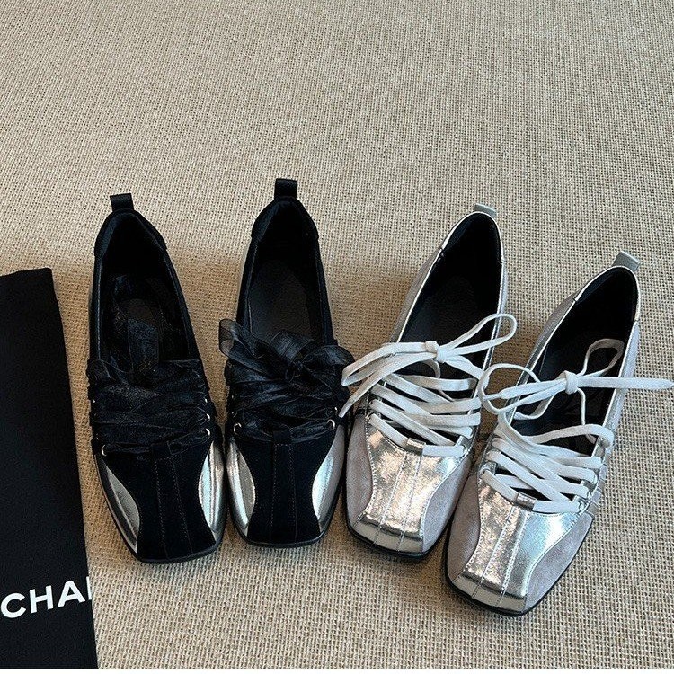 รองเท้าส้นแบนผู้หญิง หัวเหลี่ยม แบบผูกเชือก แฟชั่นลำลอง มูเลส