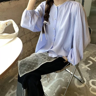 Cuites 🔥 เสื้อเชิ้ตแขนยาวผู้หญิงสไตล์เกาหลี ลายทาง สีพาสเทล เกาหลีแฟชั่นผู้หญิง W531