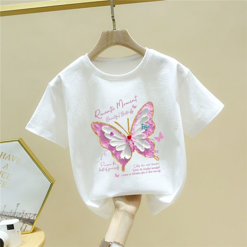 2025 เด็กผู้หญิงสไตล์ใหม่การ์ตูนเสื้อยืดแขนสั้นเด็กเสื้อผ้าฝ้ายแท้ด้านบน