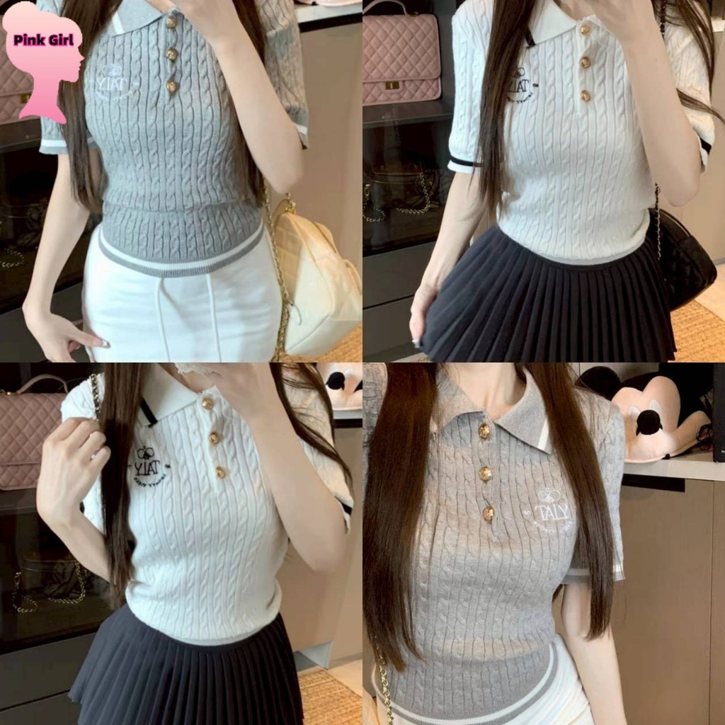 💋Pink girl💋​พร้อมส่ง เสื้อยืดคอปก ไหมพรม แขนสั้น เรียบหรู สีพื้นยืดพอดี ' W-K073