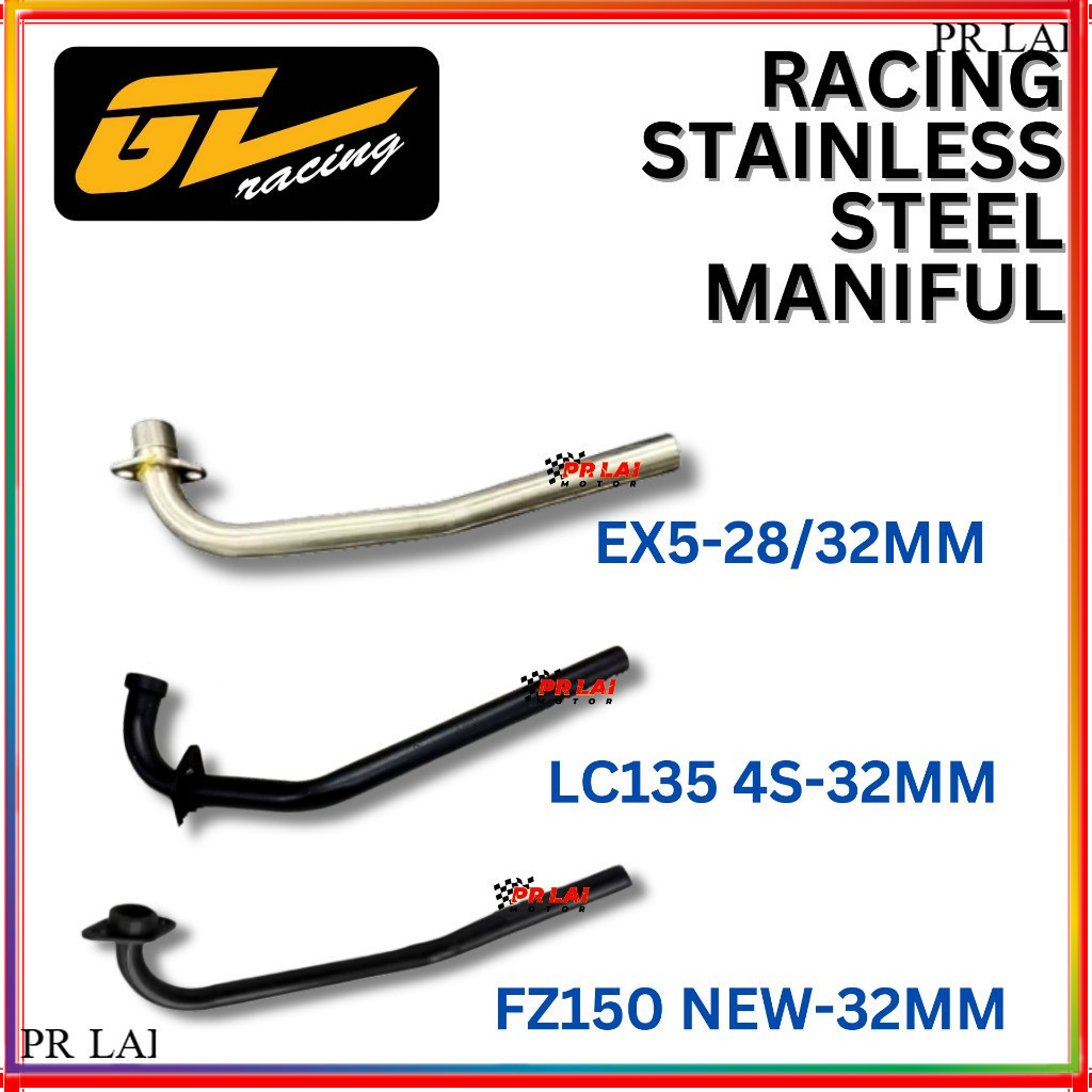 GL RACING MANIFUL 28 มม.32 มม.EX5 LC135 4S FZ150 ใหม่ LC4S เหล็กสแตนเลสสีดํา MANIFOLD ด้านหน้า PIPE 