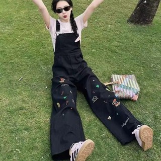 สีดําการ์ตูนพิมพ์ฤดูร้อนเอวสูง ผอมลง ดูขากว้าง ชุดจั๊มสูท