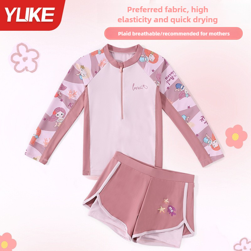 Yuke ชุดว่ายน้ําเด็กสาวน่ารักแยกชุดว่ายน้ําแขนยาวครีมกันแดดสบาย kids split swimsuit
