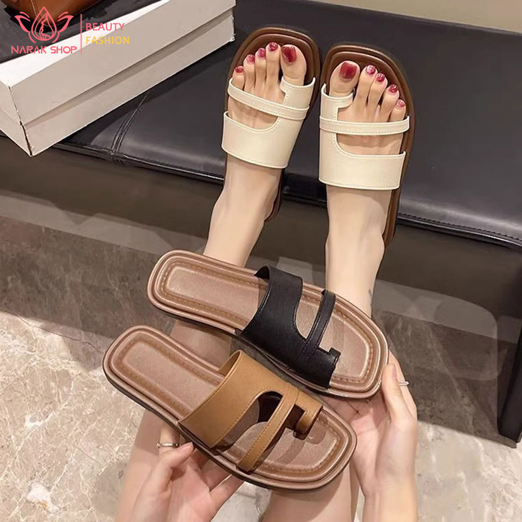รองเท้าแตะพื้นแบน สตรี สไตล์เรโทร ใส่ลำลอง