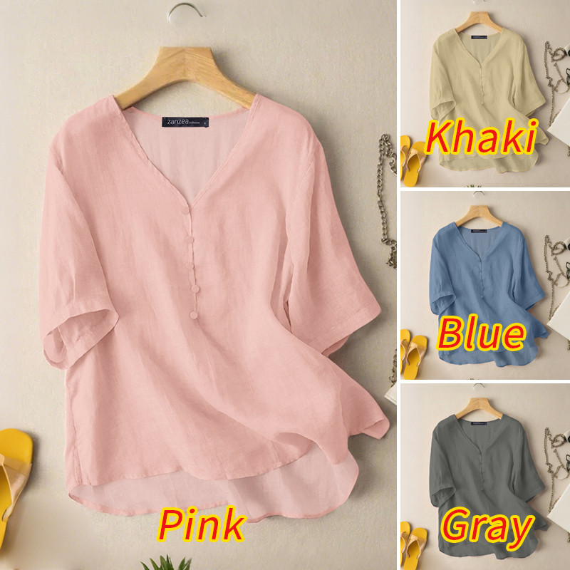 ZANZEA ซานเซีย ผู้หญิงแฟชั่นเกาหลีหลวมครึ่งแขนคอวีสีทึบชายหาด, เสื้อ - รูปที่ 4