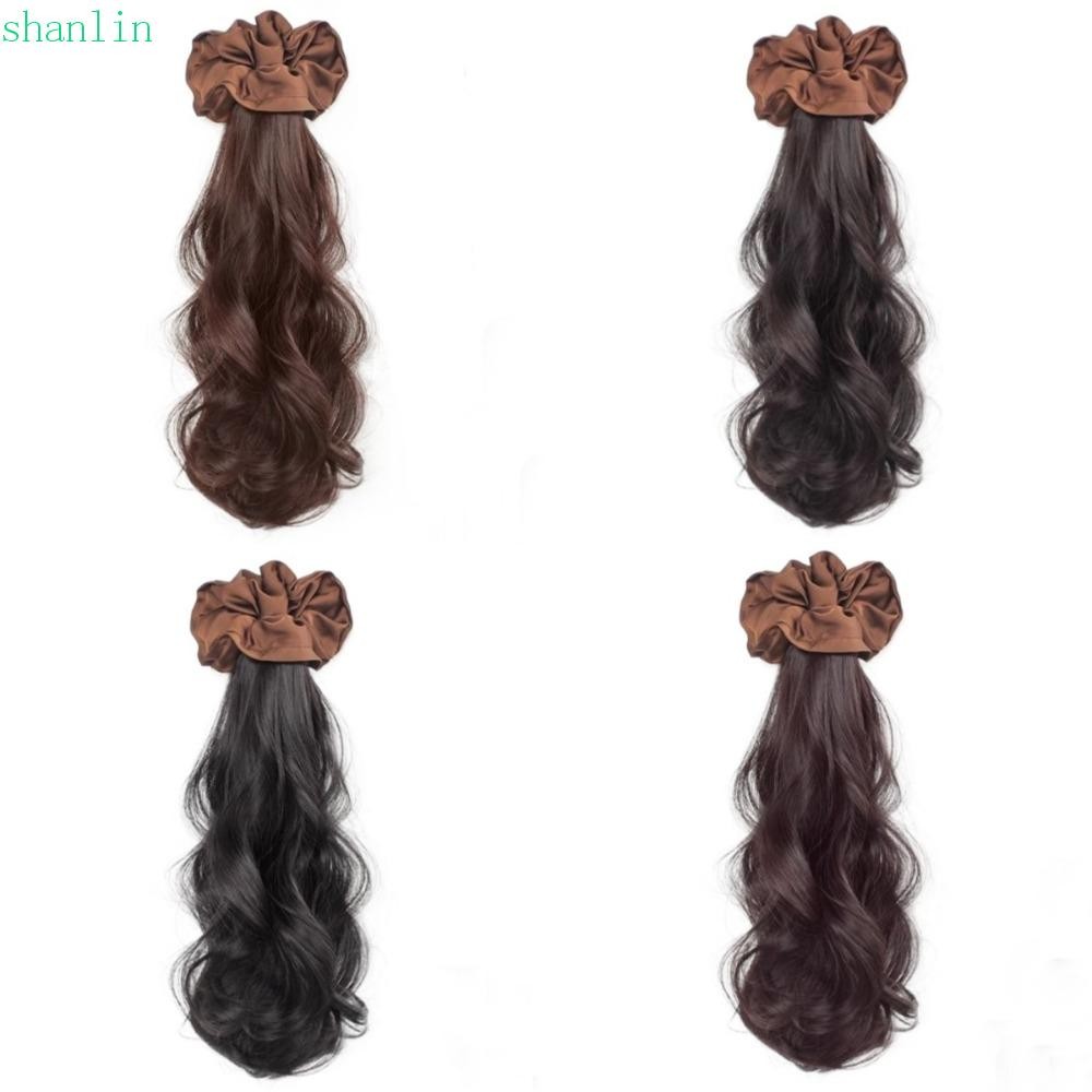 Shanlin ซาติน Scrunchie วิกผมผมหางม้า, สไตล์เกาหลีสังเคราะห์ยาวหยักผมหางม้า, ยางรัดผมอินเทรนด์หยิกธรรมชาติ Pony Tail Hairpiece Party