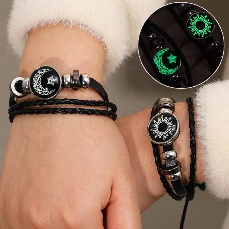 Luminous Sun Moon สร้อยข้อมือถัก-สร้อยข้อมือเชือกหนังสีดําปรับได้-เครื่องประดับคู่หรูหราวินเทจ- Minimalist Night Glow คนรักกําไลข้อมือ-อุปกรณ์เสริมแฟชั่น Unisex