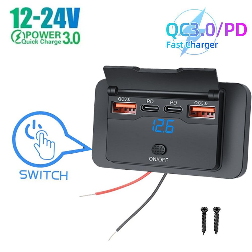 Quick Charge PD Type C พอร์ต USB คู่รถ Bus Charger ซ็อกเก็ตอะแดปเตอร์ 12 V/24 V USB Power พร้อม Swith สําหรับรถจักรยานยนต์ทางทะเล