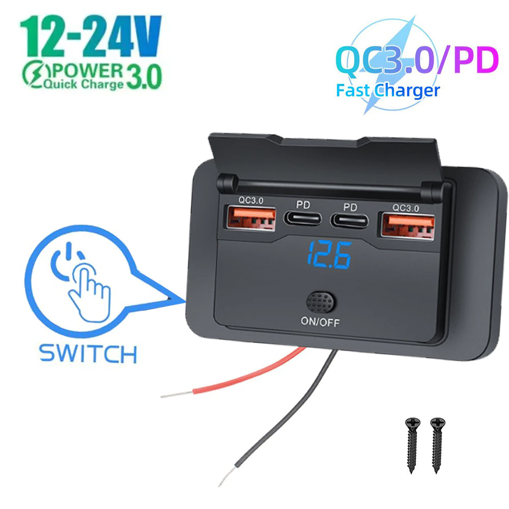 Quick Charge PD Type C พอร์ต USB คู่รถ Bus Charger ซ็อกเก็ตอะแดปเตอร์ 12 V/24 V USB Power พร้อม Swith สําหรับรถจักรยานยนต์ทางทะเล