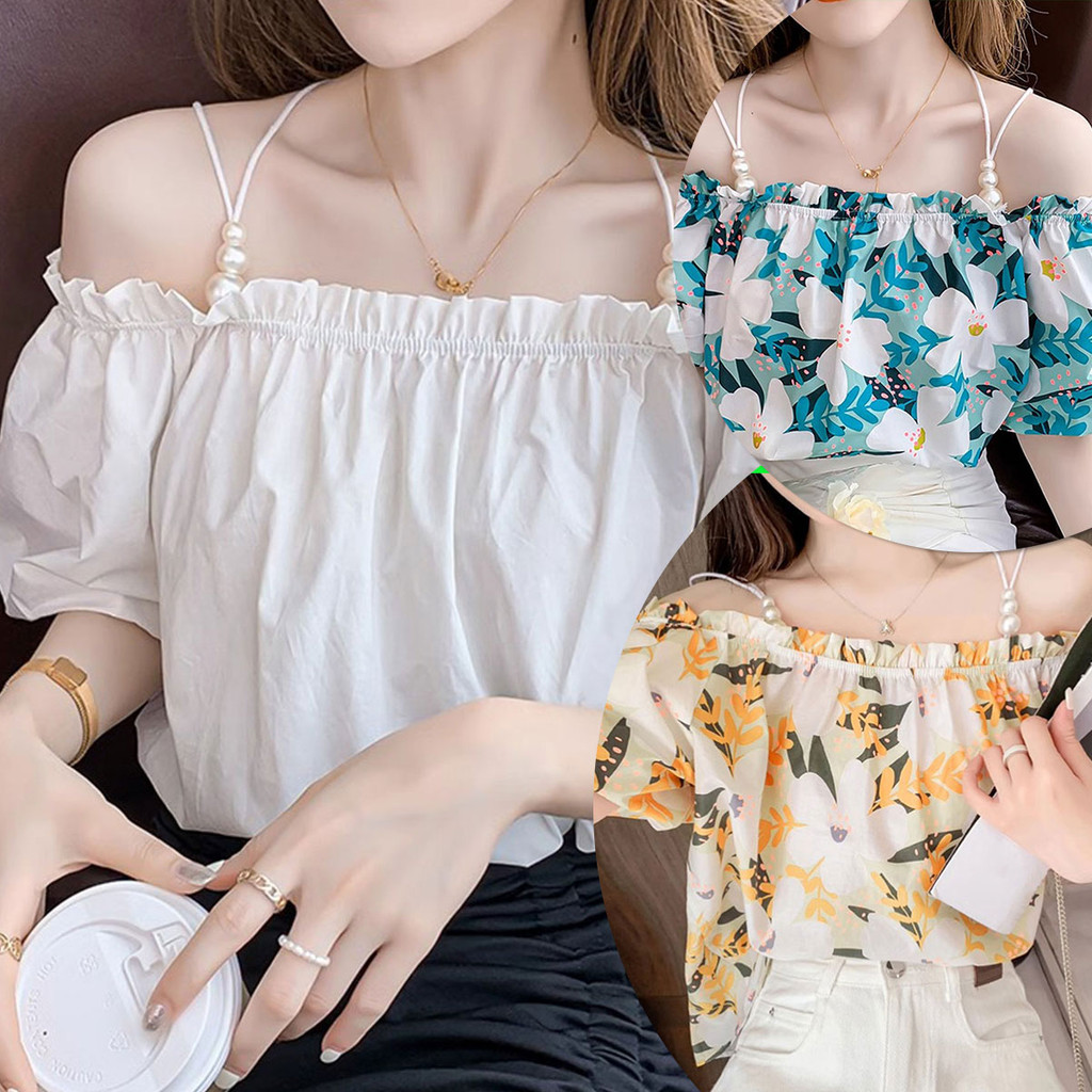 เสื้อครอปแขนสั้น สไตล์มินิมอล ลายดอกไม้