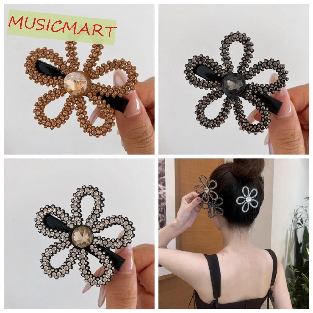 Musicmart กิ๊บติดผม Rhinestone, กิ๊บดอกไม้เพชรเพทาย, เครื่องประดับผม สไตล์เกาหลี Headwear แชมเปญเงา Duckbill คลิป Headwear