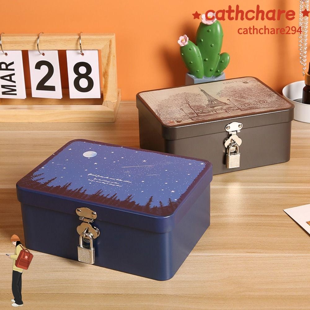 Cathchare294 Desktop Storage ,พร้อมกุญแจล็อคกล่องดีบุกวินเทจ,เครื่องประดับกล่องโลหะในครัวเรือนความจุขนาดใหญ่