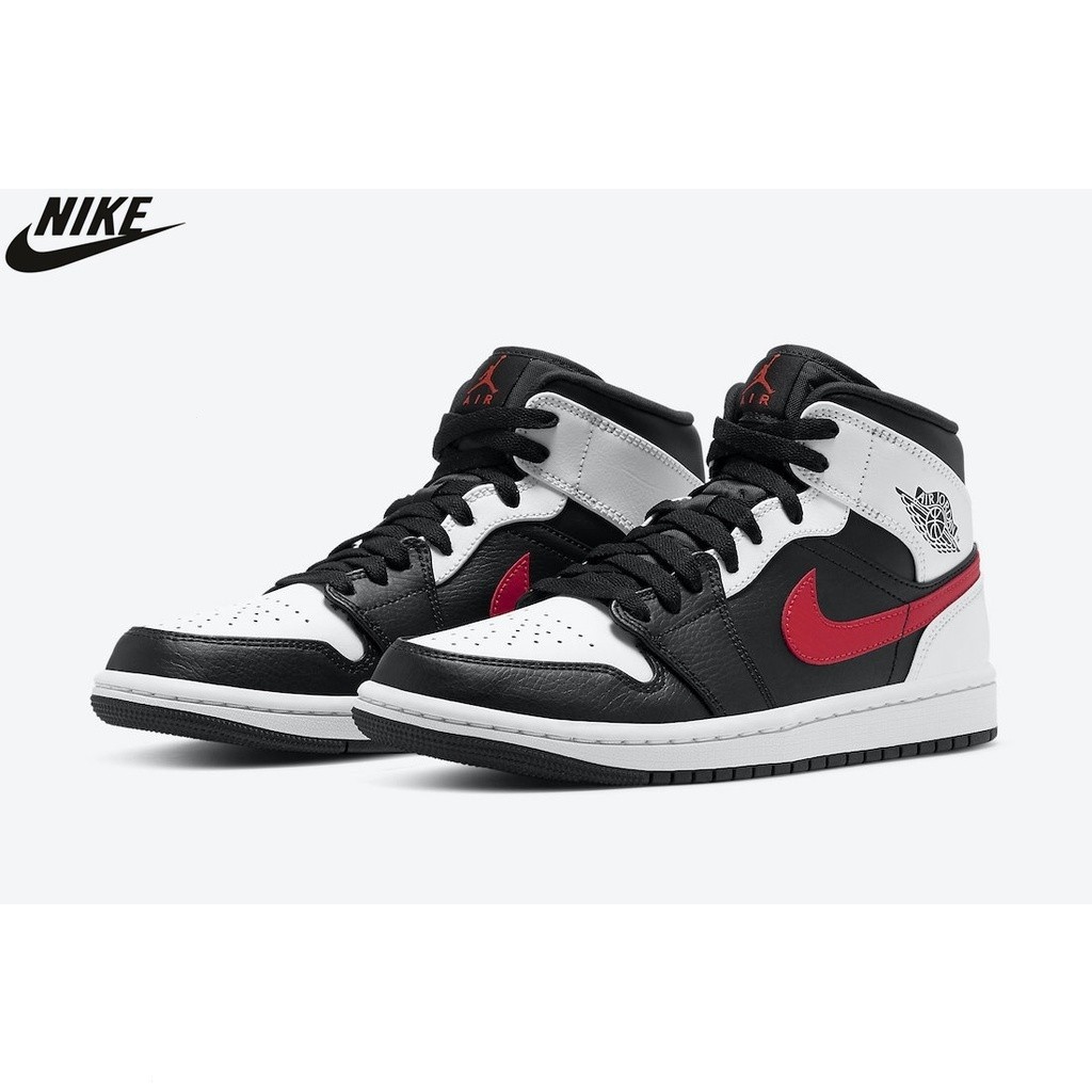 NK AIR JORDAN 1 MID Black chile Red White AJ1 VINTAGE JORDAN รองเท้าบาสเก็ตบอล