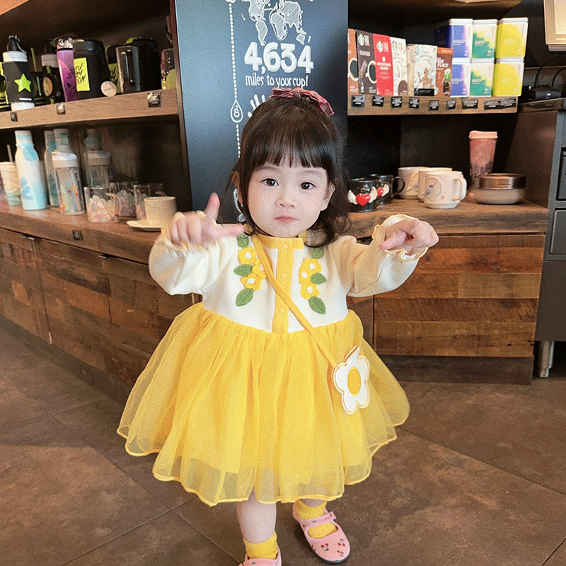 สาวเสื้อผ้าฤดูใบไม้ผลิสไตล์ใหม่หวานดอกไม้ผ้ากอซชุดสไตล์ตะวันตกน่ารักชุดเจ้าหญิงเด็กสาวฤดูใบไม้ผลิแขนยาวชุดขายส่ง
