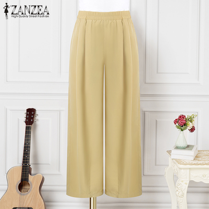 ZANZEA ใส่ ซานเซีย ผู้หญิงเกาหลีสบายๆเอวยางยืดกระเป๋าสีธรรมดากางเกงขากว้าง — صورة 7
