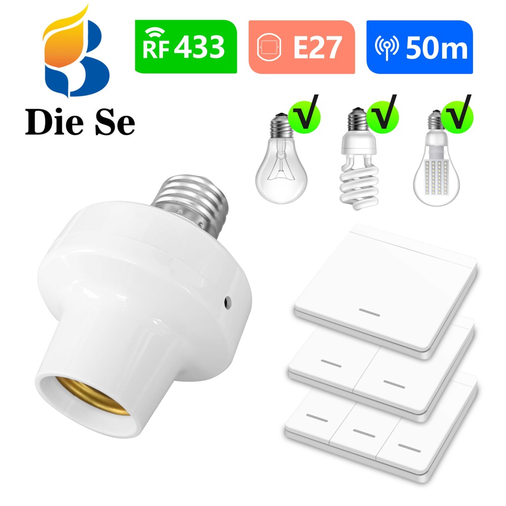 สวิตช์หลอดไฟไร้สาย RF 433MHz สำหรับไฟ AC 110V 220V พร้อมรีโมทคอนโทรล E27 ติดตั้งง่าย